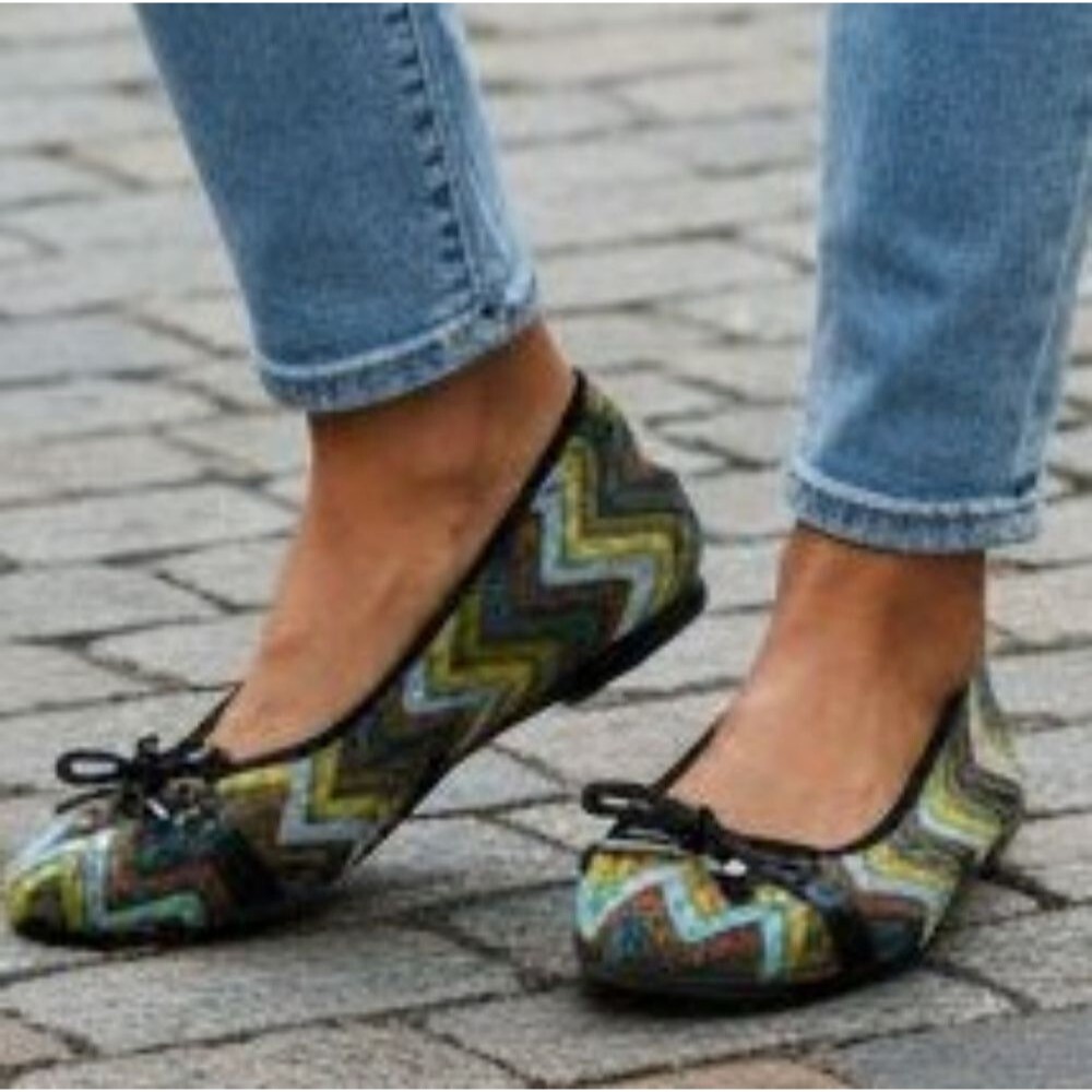 All black fabric chevron multi-color ballet flats size 39.5 everyday chic bow - Picture 2 of 10